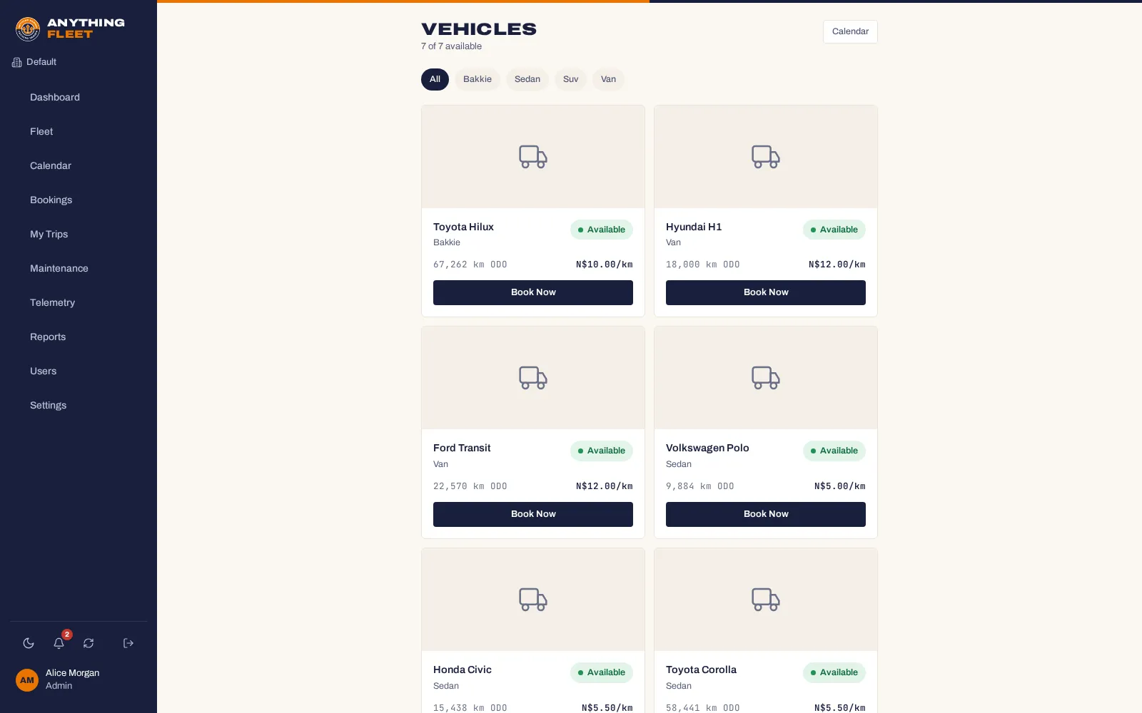 The vehicle list with availability, odometer reading and rate per kilometre, each with a Book Now button.