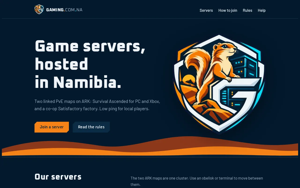 The gaming.com.na home page: a squirrel on a shield with server racks, and the line Game servers, hosted in Namibia.