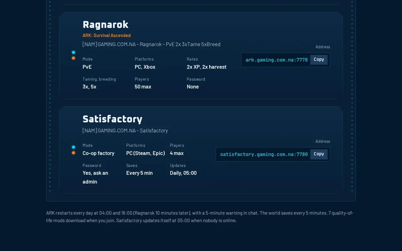 The server list: Ragnarok and Satisfactory cards, each with its settings and a join address with a Copy button.