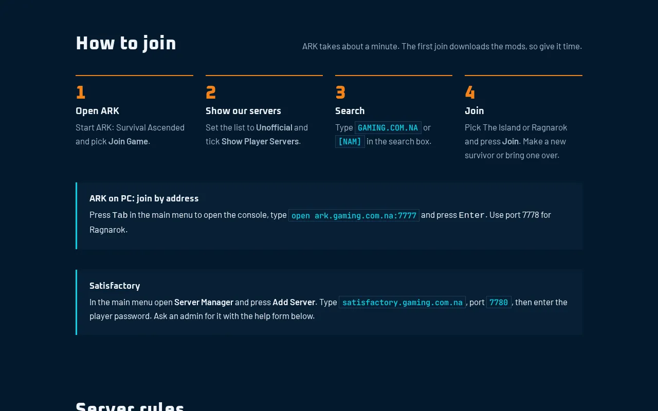 How to join: four steps for ARK, plus the PC console tip and the Satisfactory Server Manager steps.