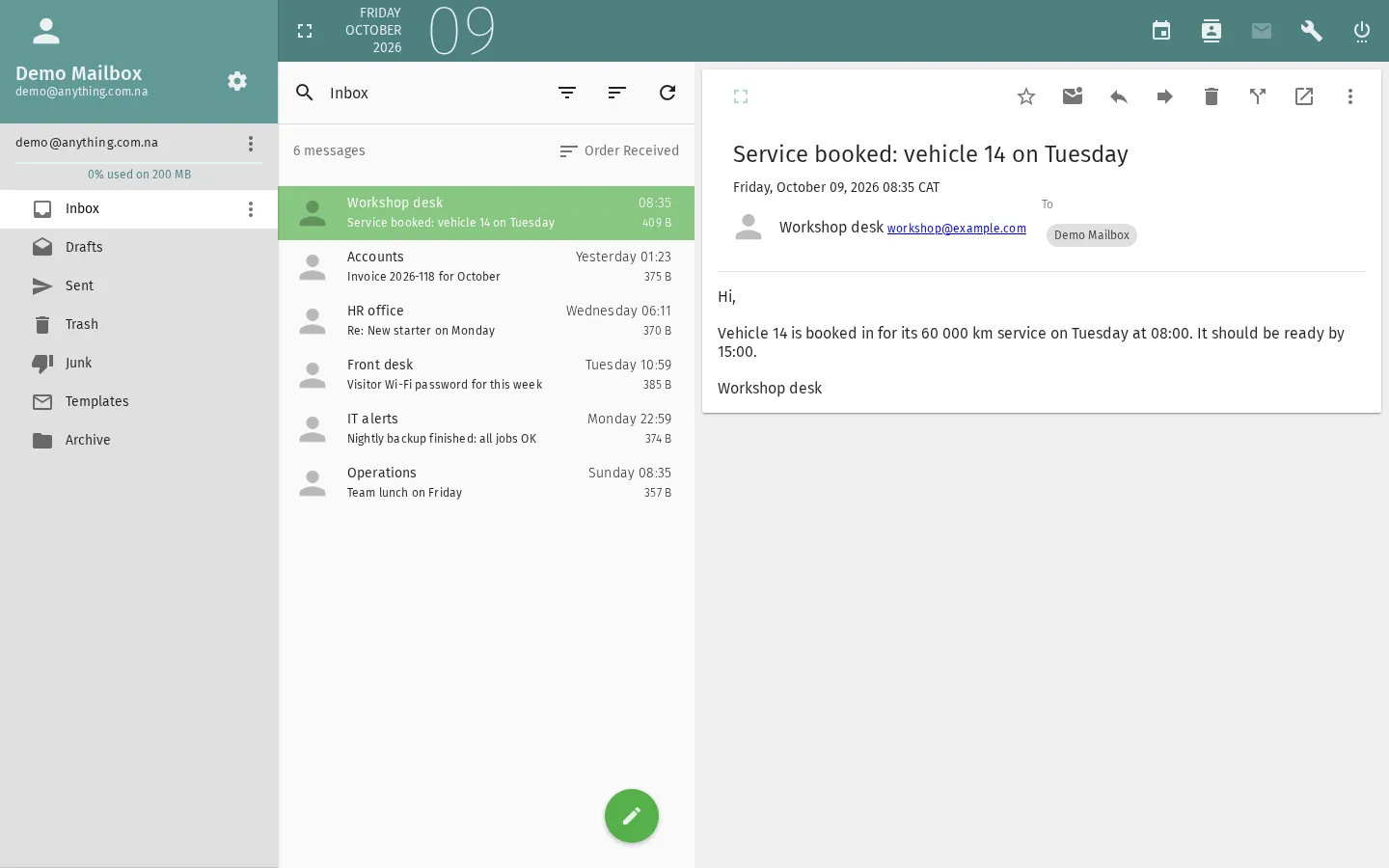 Webmail for a demo mailbox: the inbox on the left and an open message from the workshop on the right.