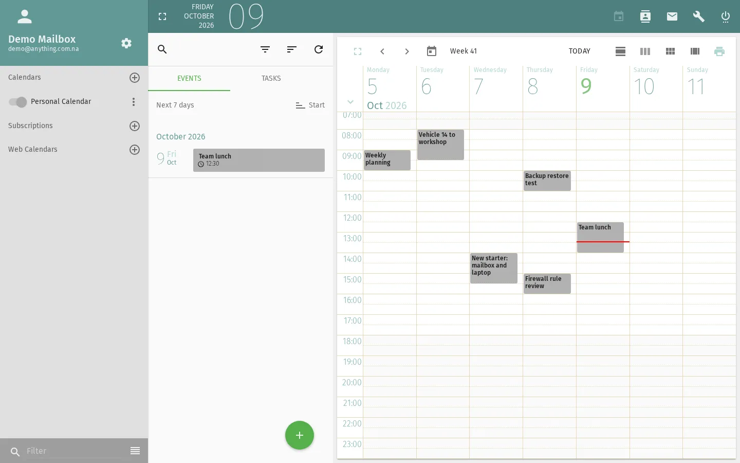 The shared calendar in webmail: one week with planning, a workshop booking, a backup restore test and a team lunch.