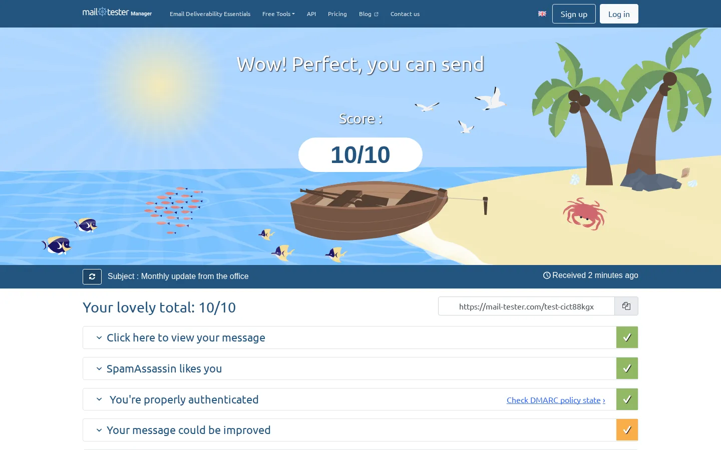 A delivery test of a message sent from our mail server: a score of 10 out of 10, properly authenticated.