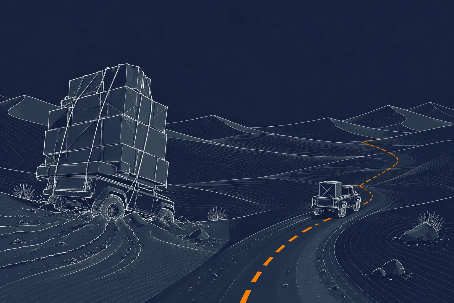 Two vehicles in the dunes. A truck with a huge stack of boxes is stuck in sand; a small light vehicle drives on along the orange route.