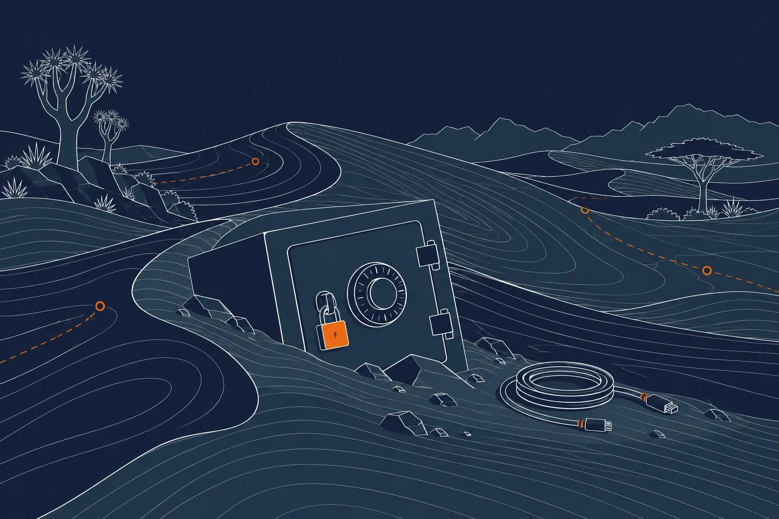 A safe half-buried in a dune with a padlock, its cable unplugged beside it.