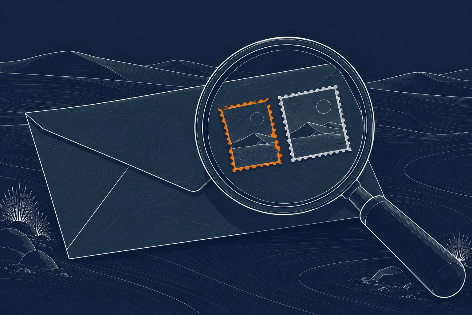 A magnifying glass over an envelope shows two stamps side by side. The orange one is a fake copy of the real one.