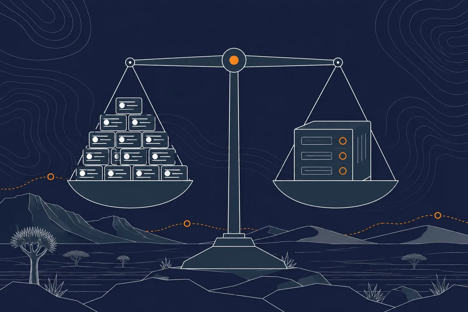 A balance scale: a pile of small subscription cards on one side, one server on the other.