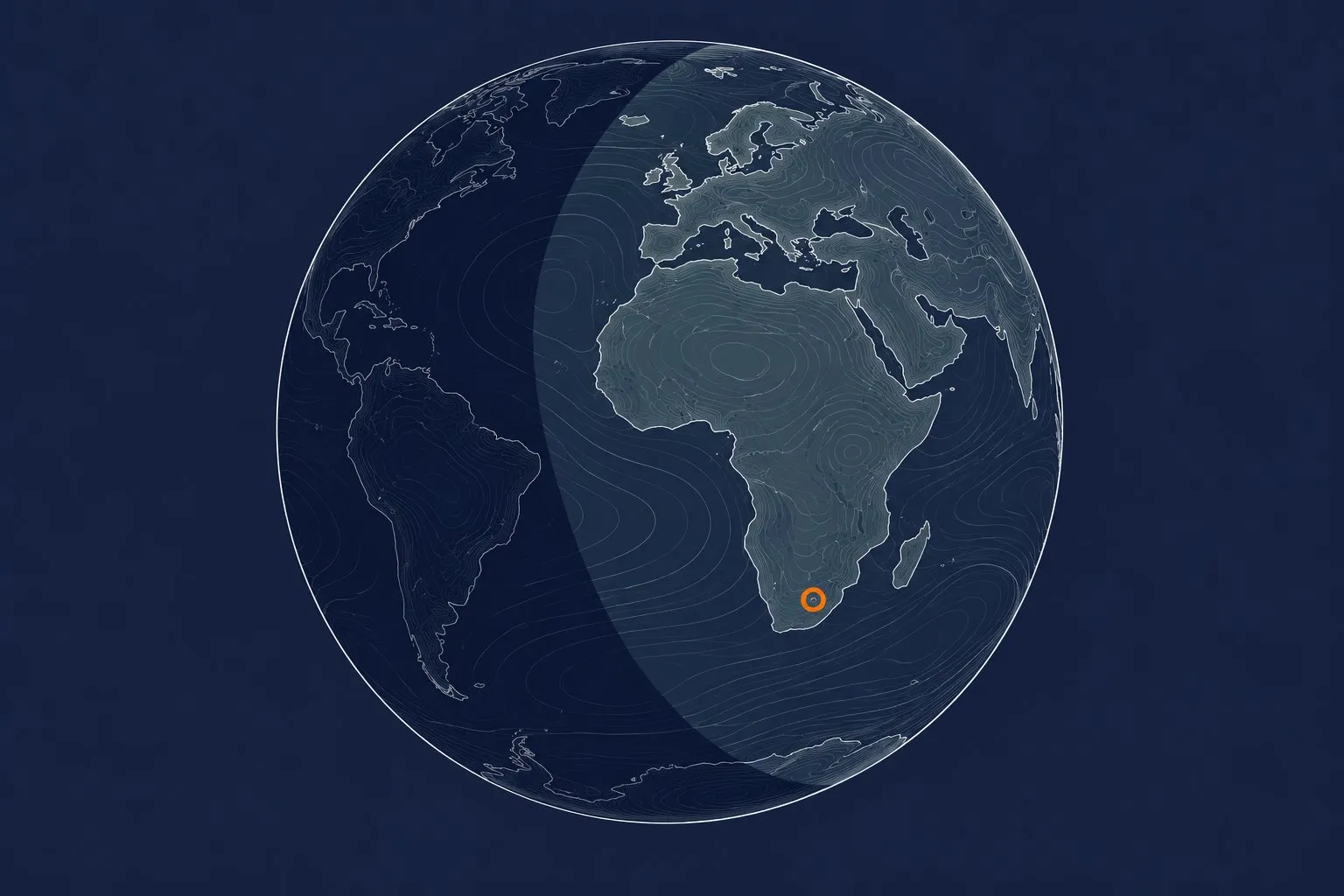 A globe in contour lines. Daylight covers Africa and Europe together, and an orange ring marks southern Africa.