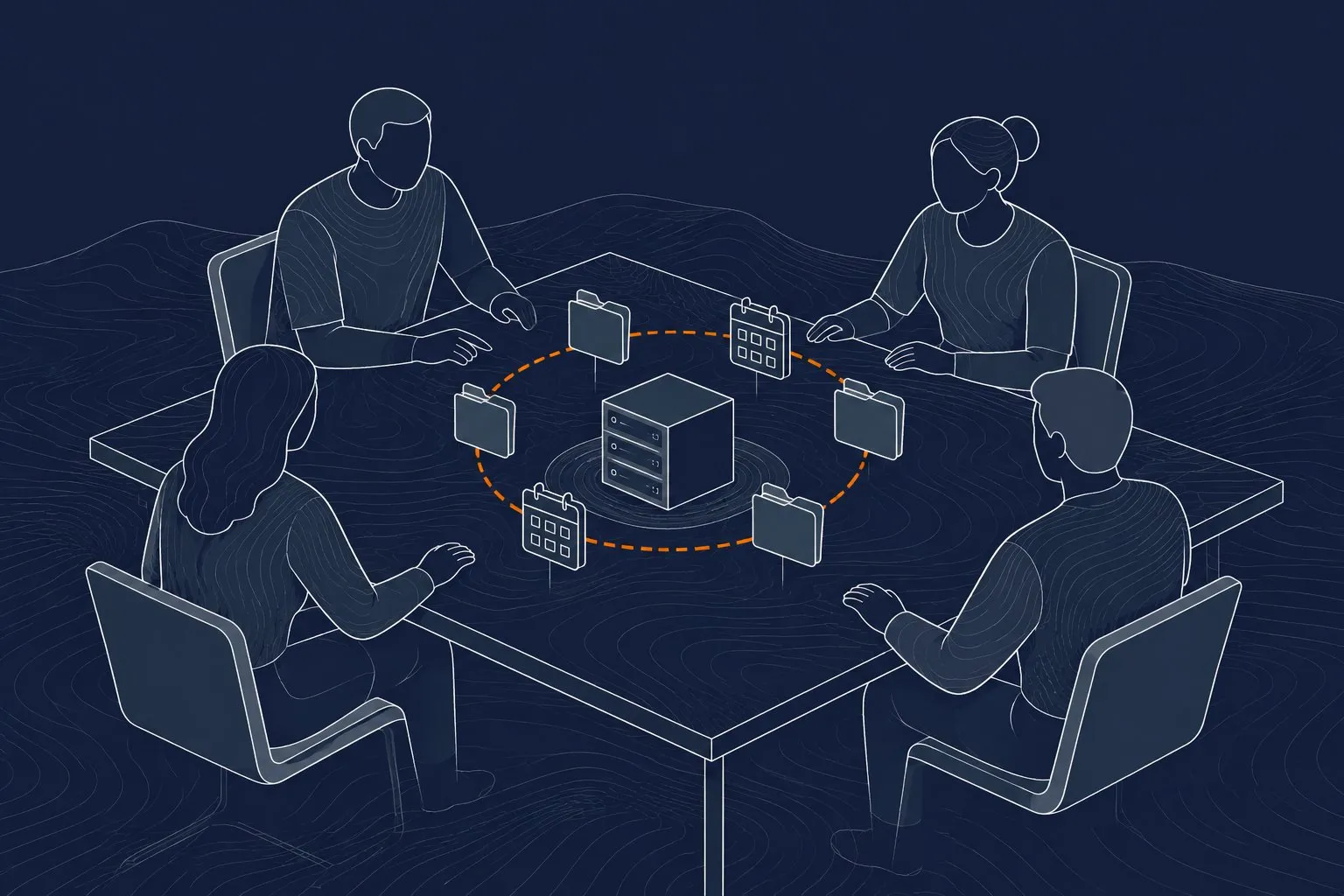 Four people at a table. Folder and calendar shapes circle a small server box in the middle.