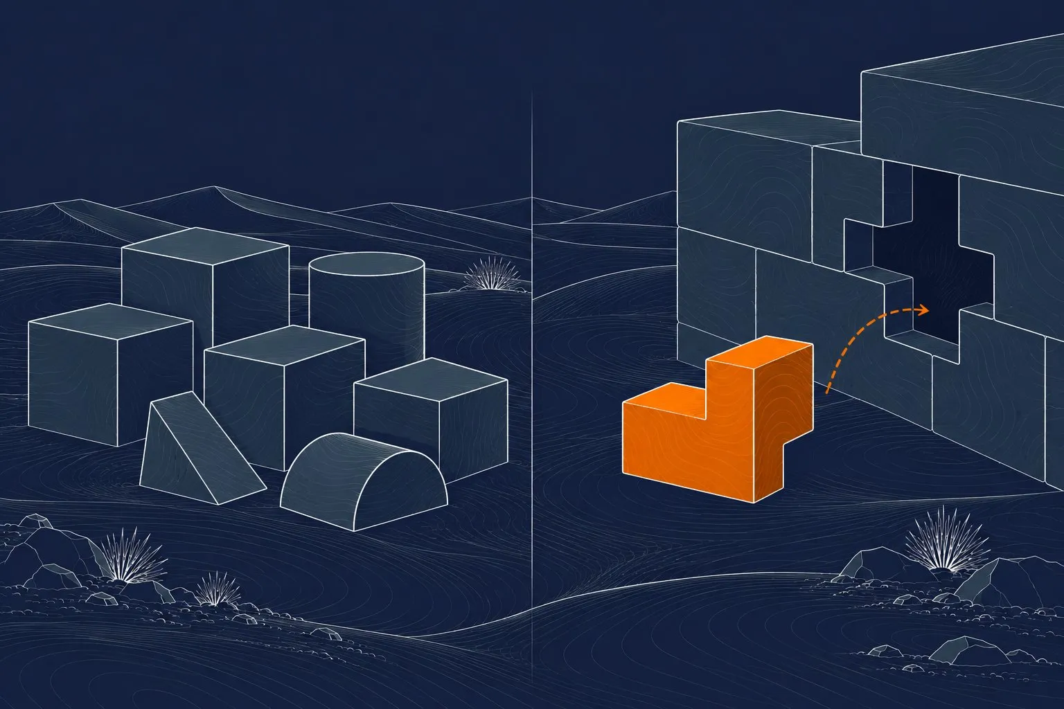 Standard blocks on the left. On the right, one orange custom-shaped block fits a unique gap in a wall.