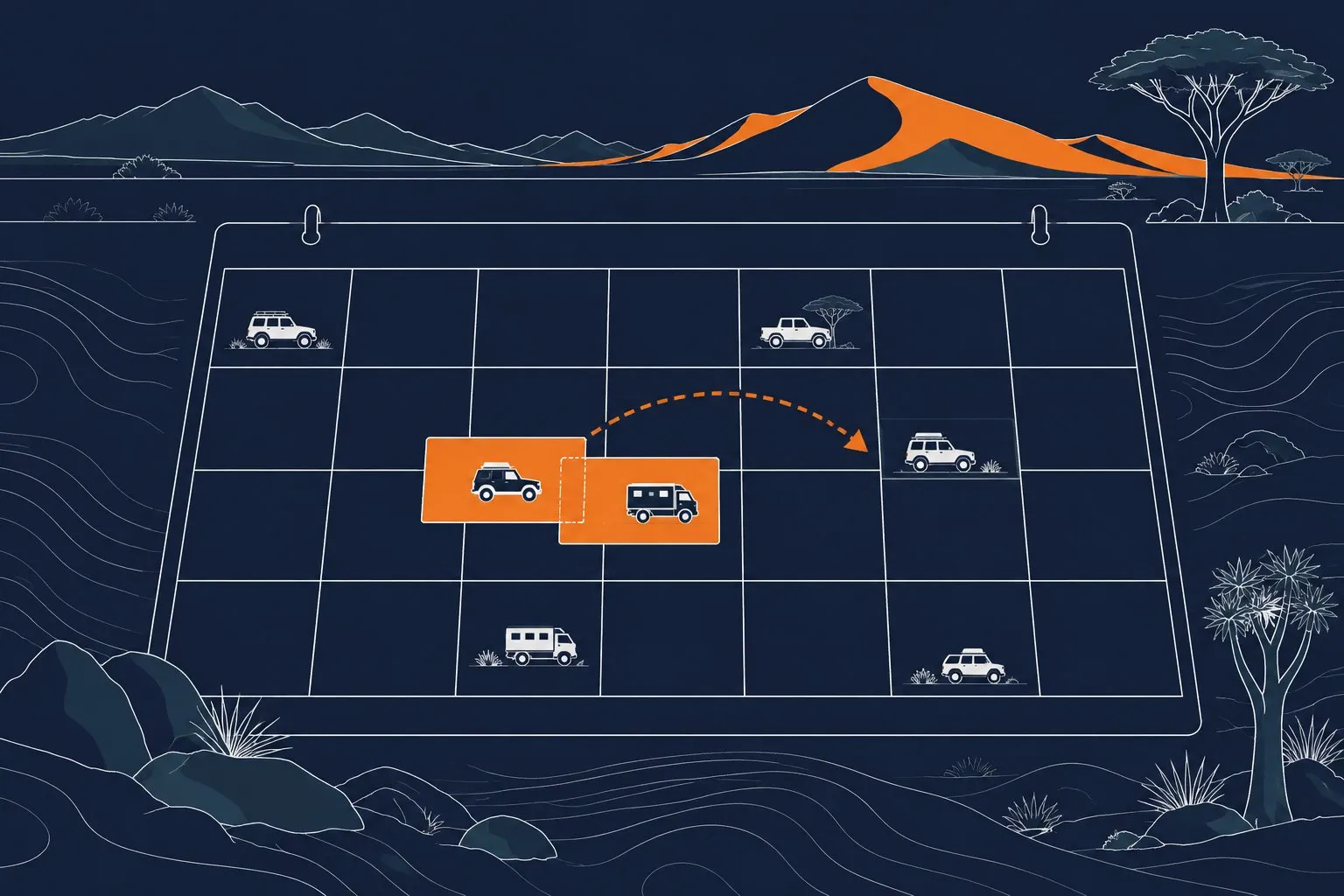 A calendar grid with small vehicle icons. Two orange bookings overlap, and one moves to a free day.