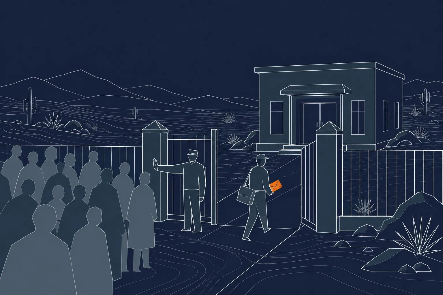 A small post office in the desert, with a guard at the gate turning away a crowd of shadow figures, while one courier with an orange envelope walks through.