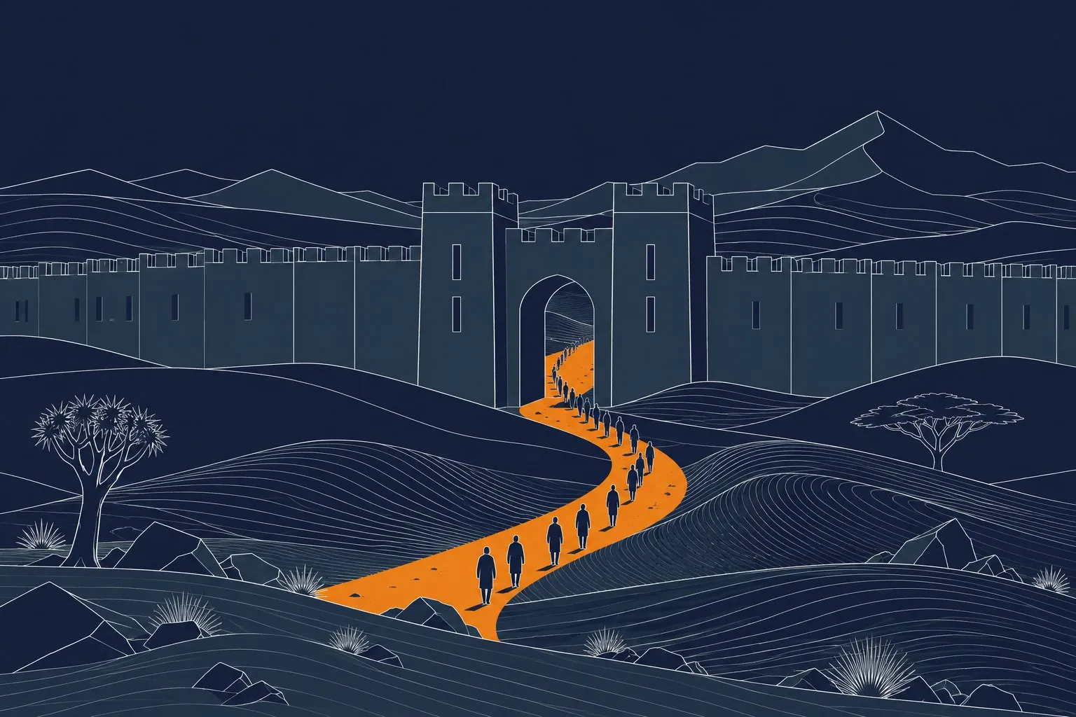 A walled gate in the desert, with a narrow orange path through it and small figures queueing.