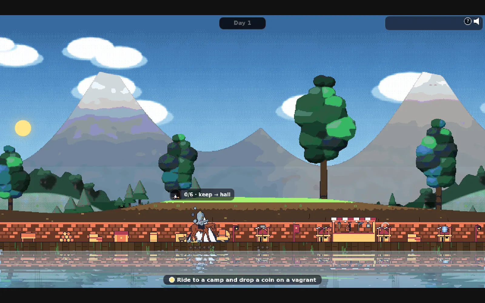 The game by day: a rider on horseback in front of the town wall, with mountains and trees behind.